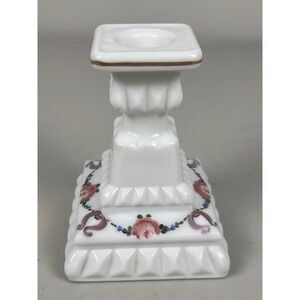 Vintage Westmoreland Hand Painted Roses and Bows Milk Glass Candlestick 1975